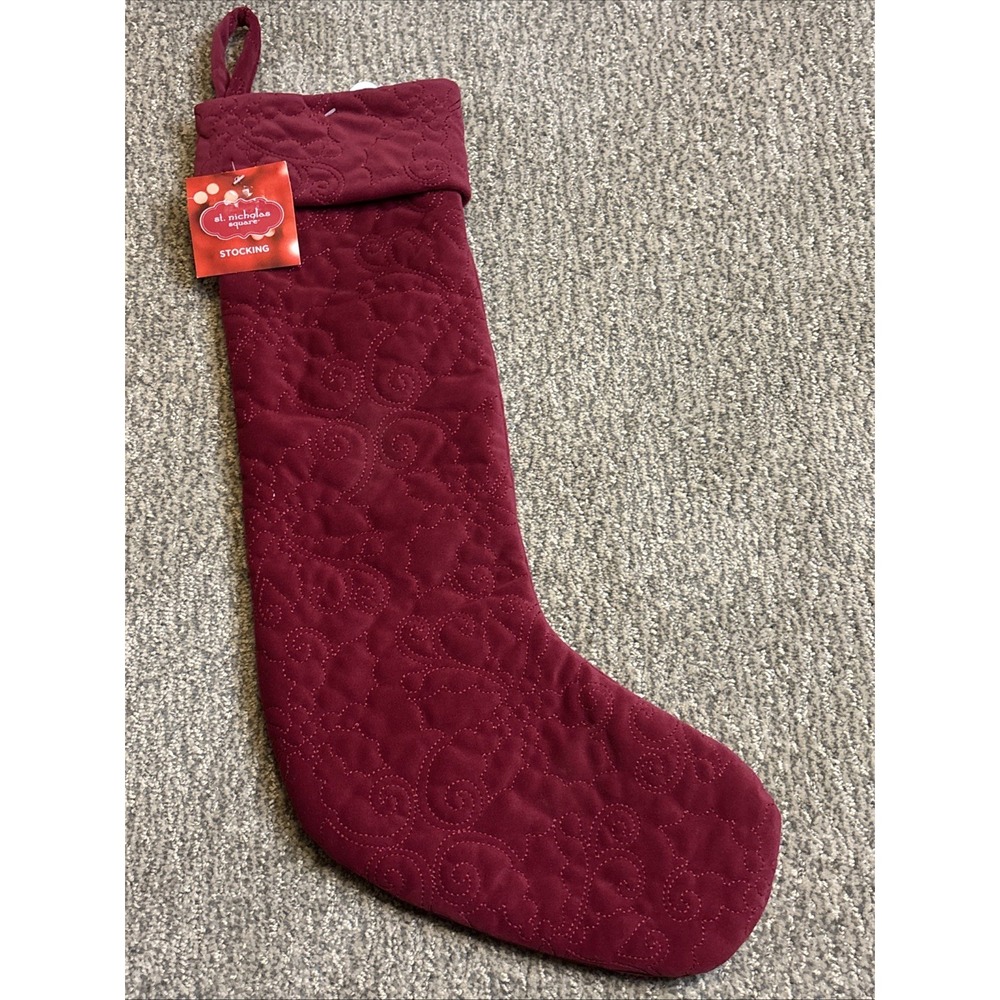St Nicholas Square Christmas Stocking 21" Burgundy Quilted Holly Scroll Velvet